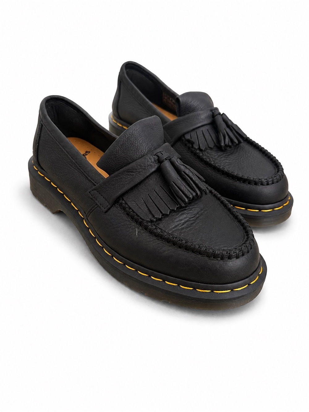 Dr. Martens Black Tassel Kiltie Loafers with Yellow Stitching